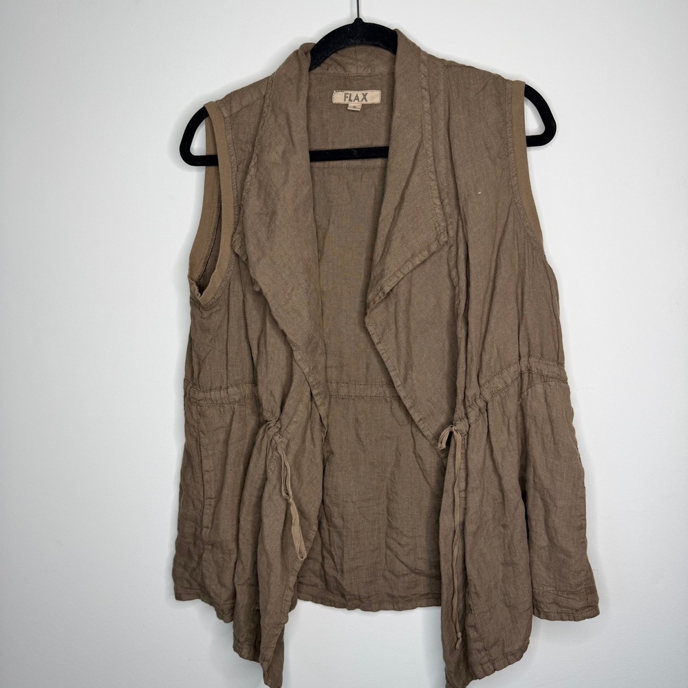 Flax Brown Linen Draped Open Front Drawstring Waist Vest Womens Small Boho
